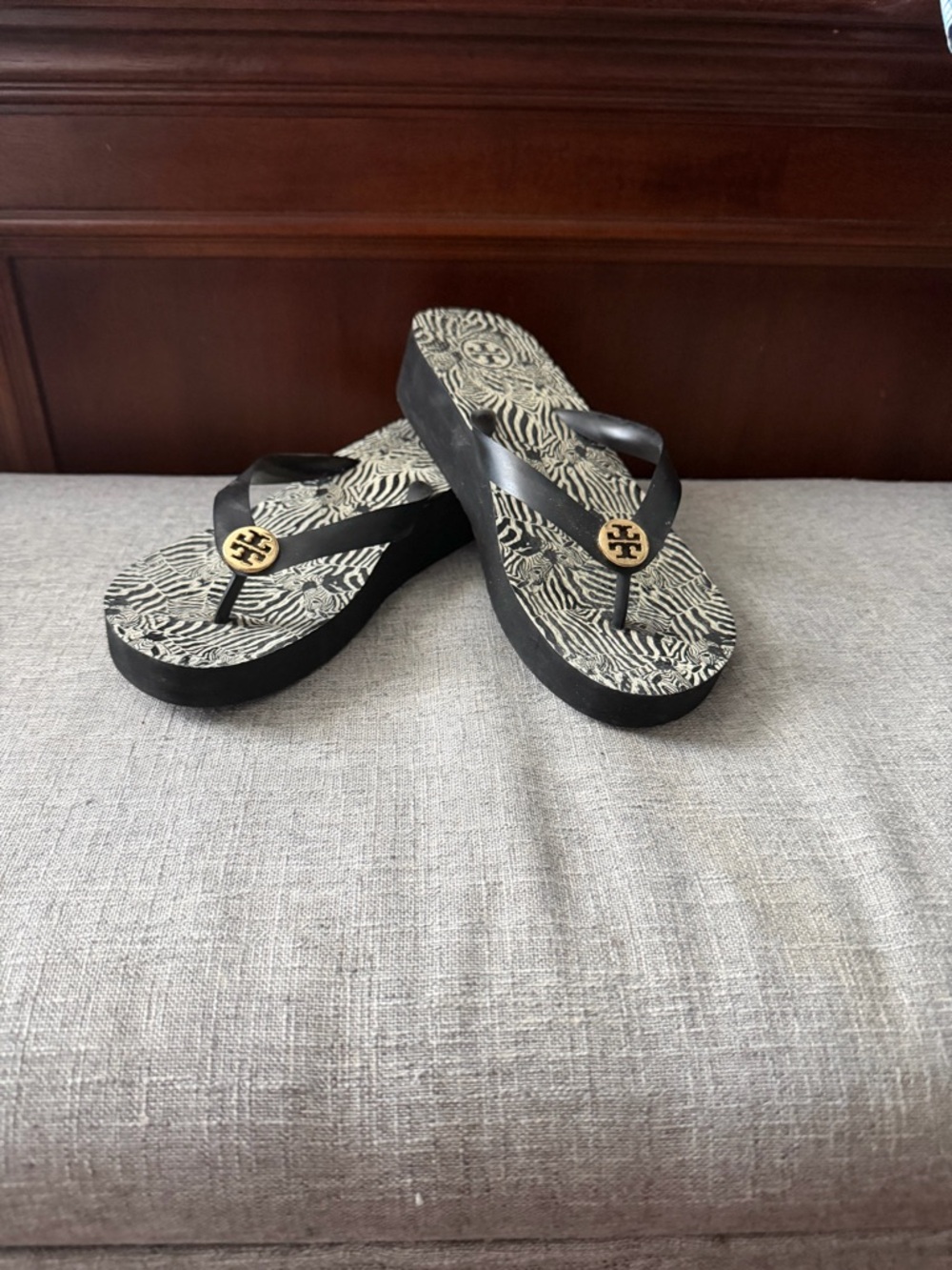 Tory Burch Black Flip Flop Wedges with Zebra Print Footbed